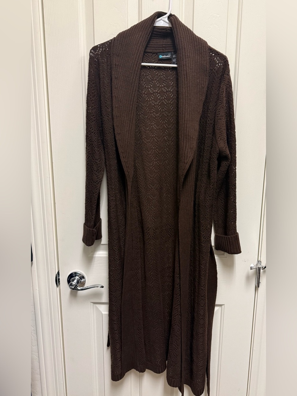 Coolwear Brown Crochet Knit Long Duster Cardigan Belted Sweater Size Medium